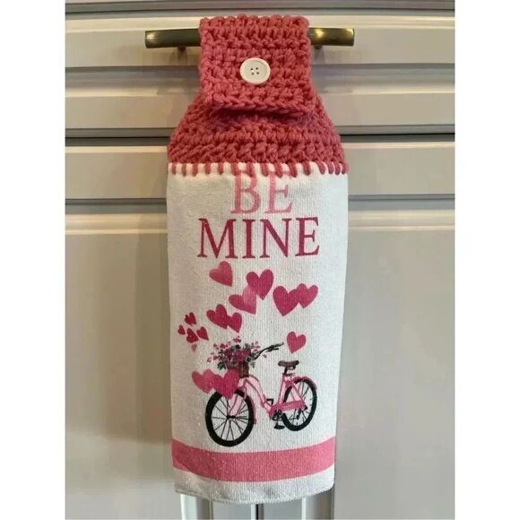 Crochet Top Kitchen Towel- Hearts/Be Mine/Bicycle - Picture 1 of 3